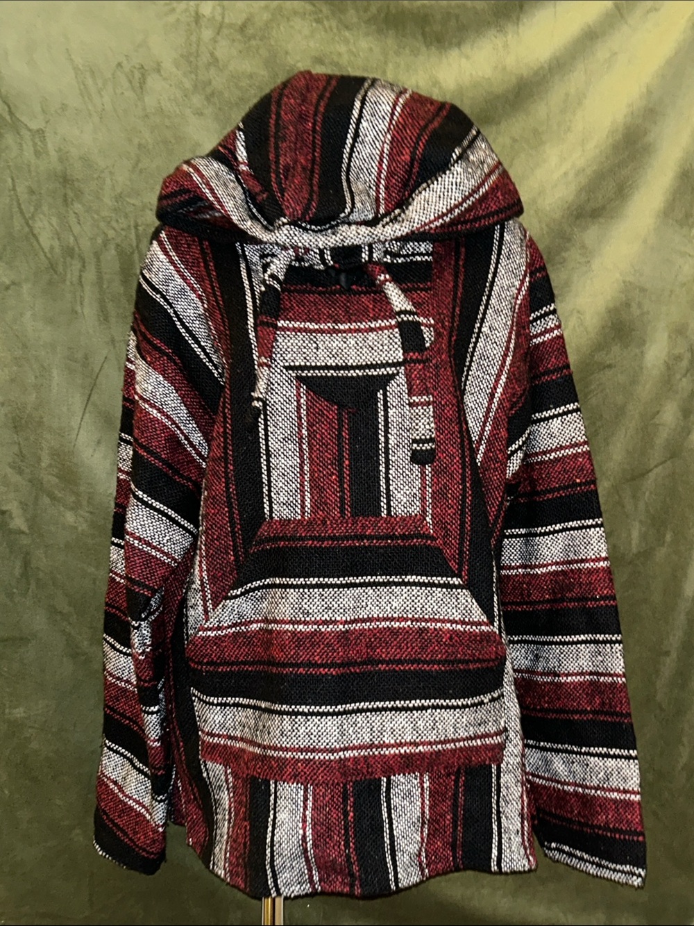 Striped Hooded Baja Pullover Jacket in Red, Black & White